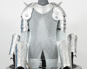Men's Medieval Knight Armor Set: Steel Gorget, Pauldrons, Chainmail Shirt LARP, Cosplay Costume