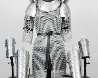 Women’s Medieval Knight Steel Armor Set with Pauldrons, Gorget & Chainmail Shirt for LARP Cosplay