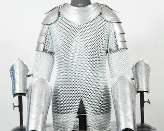 Men's Medieval Steel Armor Set, Knight Pauldron & Gorget Chainmail LARP, Cosplay