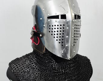 Roa バシネット ナイト ヘルメット | バイザーとチェーンメイル付き - スチール製 LARP、コスプレ用鎧セット コスチューム