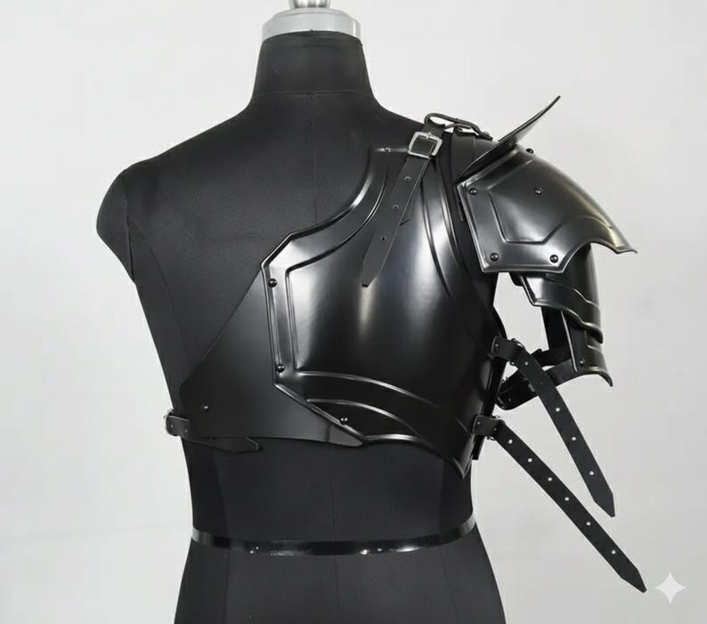 May include: Black metal shoulder armour with layered plates and leather straps. The armour is displayed on a black mannequin, showcasing its design and construction. The armour is designed to protect the shoulder and upper chest.