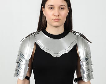 Knight Lady Gorget & Pauldrons, Women's Medieval Armor Set, Polished Steel LARP, Cosplay Costume
