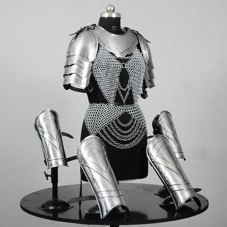 Female Knight Armor Set Chainmail Bra Skirt Gorget Pauldrons Bracers ...