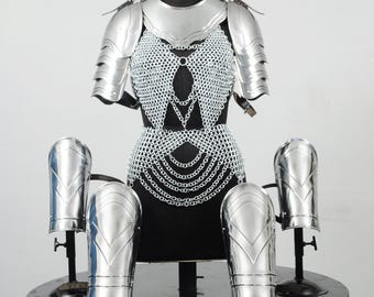 Female Knight Steel Armor Suit with Chainmail Top, Skirt, Gorget & Pauldrons for LARP Cosplay