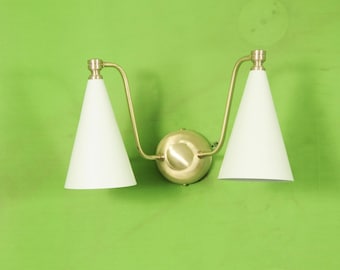 Brass Lamp Mid-Century Double Cone Wall Sconce with Ivory Shades  Handmade Modern Wall Lighting