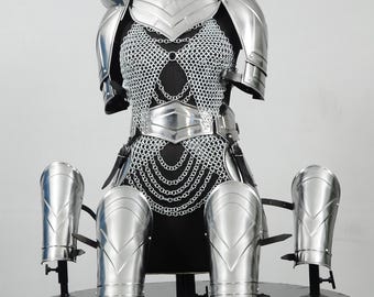 Medieval Female Knight Armor Suit, Steel LARP Cosplay Set Gorget, & Pauldrons Chainmail
