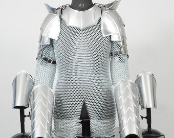 Men’s Medieval Knight Plate Armor Set, Steel Pauldrons, Gorget & Chainmail Shirt, LARP Cosplay Costume