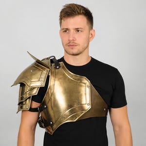 May include: A gold-coloured shoulder armour piece with layered plates and a pointed shoulder guard. The armour is attached with black straps and rivets, suggesting a medieval or fantasy theme.