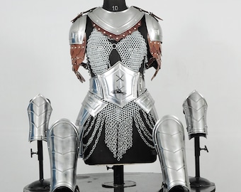 Women’s Medieval Steel Cuirass Armor Set Chainmail Top, Skirt, Gorget & Pauldrons for LARP Cosplay