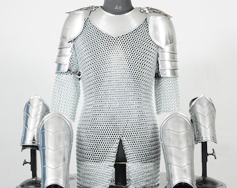 Medieval Knight Chainmail Armor Set, Steel Pauldron & Gorget, LARP Cosplay Costume, Renaissance