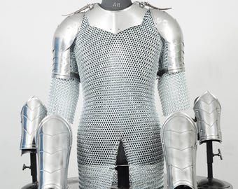 Men’s Medieval Knight Armor Set, Steel Gorget & Pauldrons with Chainmail Shirt, LARP Cosplay Costume