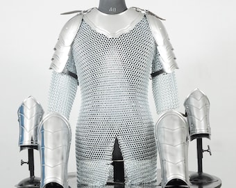 Men’s Medieval Knight Armor Set with Gorget, Pauldrons & Steel Chainmail Shirt for LARP Cosplay