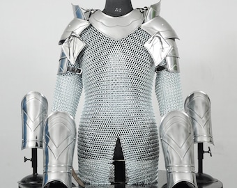 Men’s Medieval Knight Armor Set, Steel Cuirass with Gorget, Pauldrons & Chainmail Shirt, LARP Cosplay