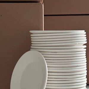 May include: A stack of off-white, oval-shaped plates, with one plate leaning against the stack. The plates are stacked in a neat pile, with a few cardboard boxes in the background. Text on the boxes reads "Greek Smashing Plates now in Canada."