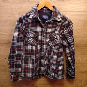 Vintage 90s Pendleton Wool Shirt | Navy Red Plaid | Women's Medium Petite | Made in USA | Circa 1955 Label