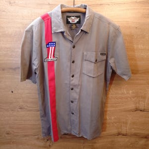 Vintage Harley-Davidson #1 patch-shirt | Steengrijs | Rode streep | Herenmaat medium | Een Amerikaanse legende