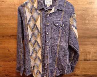 Vintage Rockmount Ranch Wear Tru-West westernshirt | Jaren 80 | Zure wassing | Azteekse zuidwestelijke print |  Gemaakt in de VS | Medium heren