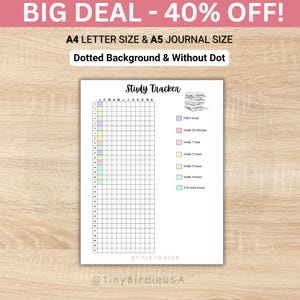 Puede incluir: Un rastreador de estudio blanco con un diseño de cuadrícula, codificado por colores para el tiempo de estudio. El texto "Study Tracker" está en la parte superior, con el texto "BIG DEAL - 40% OFF!". También está presente el texto "A4 LETTER SIZE & A5 JOURNAL SIZE".