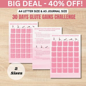 May include: Pink 30 Days Glute Gains Challenge fitness planner in A4 and A5 sizes. The planner includes exercise diagrams and a daily tracking chart. The text "BIG DEAL - 40% OFF!" is at the top.
