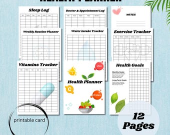 May include: A set of printable health planner pages featuring trackers for sleep, water intake, and exercise. The pages are white with black text and graphics, and the title "Health Planner" is displayed at the top.