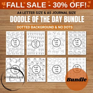 Könnte beinhalten: Ein Bundle aus druckbaren Karten mit verschiedenen Schwarz-Weiß-Doodle-Designs, darunter Fische, Eiswaffeln und Früchte. Die Karten sind mit "Doodle of the Day" beschriftet und in A4- und A5-Journalgrößen erhältlich. Der Text "FALL SALE - 30% OFF!" ist ebenfalls enthalten.