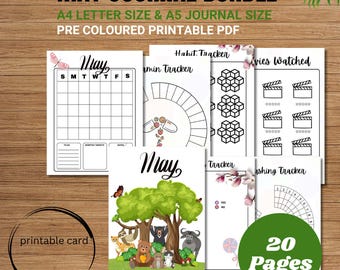 May include: A May Journal Bundle with printable PDF pages. The bundle includes a monthly calendar, habit tracker, and movie tracker. The cover features a tree with animals. The text on the image says "20 Pages".
