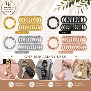 May include: A collection of circular metal spring gate rings in golden, black, silvery, and rose golden finishes. The image displays multiple sets of these rings, along with examples of them attached to keychains, bags, and small pouches.