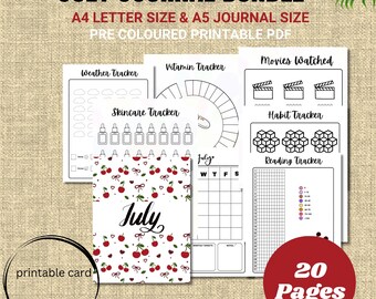 May include: A printable July journal bundle with various trackers, including weather, skincare, and habit trackers. The journal includes a cover with a cherry pattern and the word "July". The bundle is available in A4 and A5 sizes, with 20 pages.