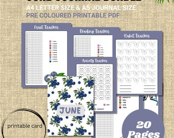 May include: A digital journal bundle with the text "JUNE JOURNAL BUNDLE". The bundle includes printable PDF pages for fruit, reading, and habit tracking, as well as an anxiety tracker. The journal cover features a blueberry design. Includes 20 pages.