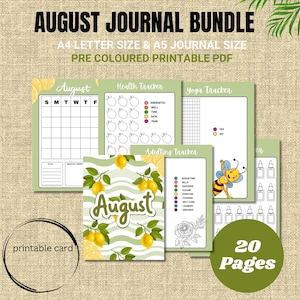 May include: A digital August journal bundle with a light green theme. The bundle includes a calendar, health tracker, yoga tracker, and adulting tracker. The cover features lemons and the word "August". The bundle is available in A4 and A5 sizes, with 20 pages.