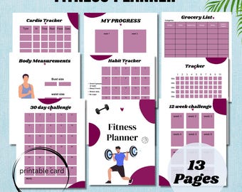 May include: A fitness planner with a purple and white design. The planner includes sections for cardio tracking, body measurements, habit tracking, a grocery list, and a 12-week challenge. The cover features a person lifting weights. The text "Fitness Planner" is displayed.