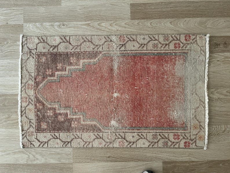 Gedempt tapijt 2 x 3, decoratief tapijt, klein vintage tapijt, Turks tapijt bleek, deurmattapijt, Oushak-tapijt, wollen tapijt, handgemaakt tapijt, vervaagd tapijt afbeelding 7