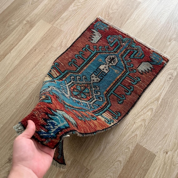 Kleiner Teppich 70x30, Türkischer Miniteppich, Vintage-Teppich, Benutzter Teppich, Geometrischer Teppich, Oushak-Teppich, Winziger Teppich, Wollteppich