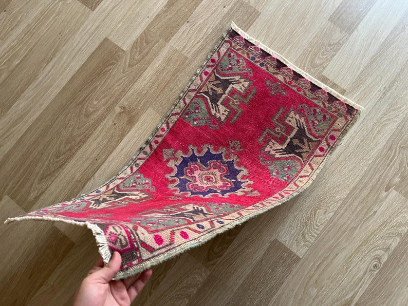 Anatolian rug small, Turkish rug 2x3, Wool rug, Hand knotted rug, Vintage rug, Antique rug, Geometric rug, Woven rug, Low pile rug, Mini rug image 11