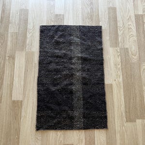 May include: A rectangular, dark grey rug with a textured surface. The rug has a lighter grey stripe down the centre. The rug is placed on a light brown wooden floor.