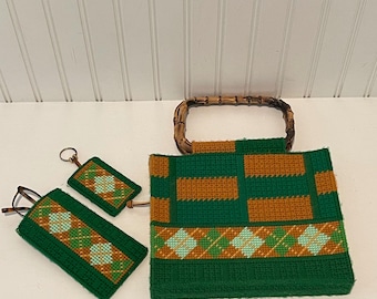 Handgemaakte borduurtas dames groen oranje retro bamboe handvat set van 3 stuks