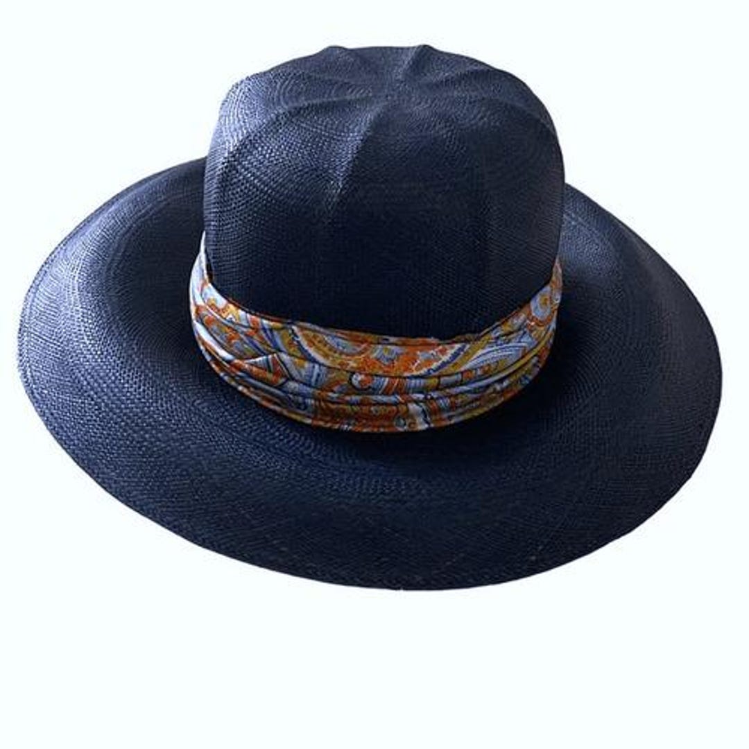 Vintage Filene’s Navy Blue Sun‎ Straw Hat with Satin Paisley Ribbon Navy Blue Ribbon Straw Hat - Etsy main image 4