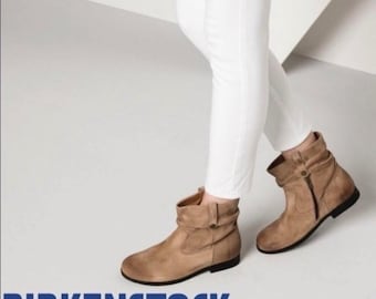 Birkenstock Sarnia Ankle Boots Women 39 L Tan Suede Slouchy Boho Zipper Shoes