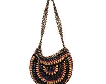 Borsa a tracolla Sak da donna, media, multicolore, stile boho, con perline di legno e cerniera.