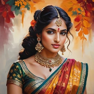 Traditional Indian Woman Portrait – Digital Art Print – Ethnic Saree Artwork – South Asian Wall Decor – Instant Download