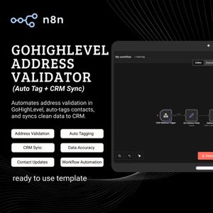 Könnte beinhalten: Eine schwarze Grafik mit dem n8n-Logo und dem Text "GOHIGHLEVEL ADDRESS VALIDATOR (Auto Tag + CRM Sync)". Das Bild enthält auch den Text "Automates address validation in GoHighLevel, auto-tags contacts, and syncs clean data to CRM."