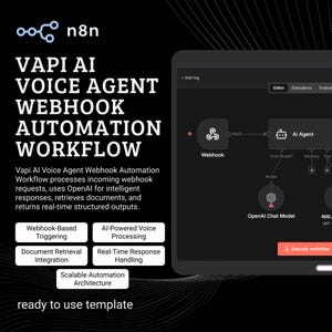 May include: A dark graphic with the text "n8n" and "VAPI AI VOICE AGENT WEBHOOK AUTOMATION WORKFLOW." The image also includes a diagram of a workflow process and bullet points describing the workflow's features.