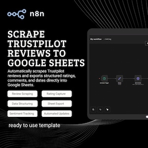 Könnte beinhalten: Schwarze Grafik mit dem Text "SCRAPE TRUSTPILOT REVIEWS TO GOOGLE SHEETS". Das Bild enthält auch das n8n-Logo, Workflow-Diagramme und Schaltflächen für Review-Scraping, Bewertungserfassung und mehr. Die Vorlage ist einsatzbereit.
