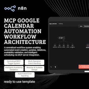 May include: A dark image featuring the n8n logo and the text "MCP GOOGLE CALENDAR AUTOMATION WORKFLOW ARCHITECTURE." The image also includes a workflow diagram and text detailing the system's capabilities.