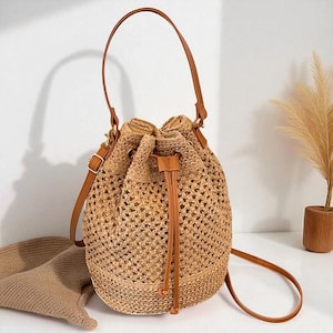 Handmade Summer Straw Bucket Bag for Women | Woven Raffia Rattan Beach Crossbody & Shoulder Bag | Knitted Drawstring Knitting Bag