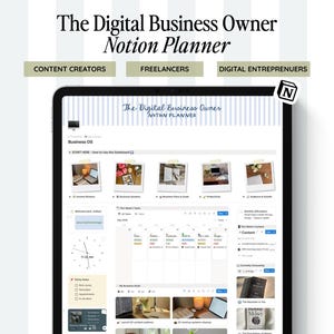 Peut inclure: Un planificateur numérique affiché sur un écran de tablette, intitulé "The Digital Business Owner Notion Planner". L'écran présente un tableau de bord avec des sections pour "Content Creators", "Freelancers" et "Digital Entrepreneurs". L'interface est blanche avec des accents bleus.