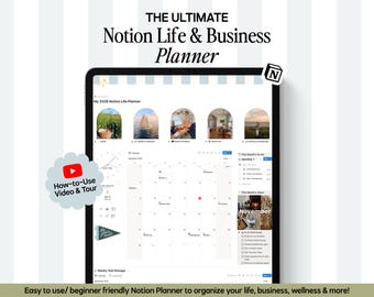 May include: A digital planner displayed on a tablet, featuring the text "THE ULTIMATE Notion Life & Business Planner." The screen shows a calendar layout with various sections and the text "My 2026 Notion Life Planner." A YouTube video icon is visible.
