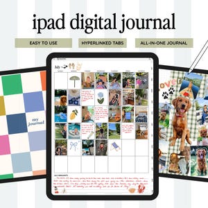 May include: An iPad digital journal with a black frame, showcasing a colorful checkered cover and a calendar layout. The calendar displays photos and text, with the words "EASY TO USE," "HYPERLINKED TABS," and "ALL-IN-ONE JOURNAL" above the device.