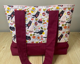 Cat and Yarn Tote Bag - Handmade Cotton Knitting themed Handbag with Magnetic Snap