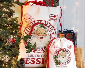 Personalised Vintage Christmas Sack Kids Present Bag Stocking Xmas Festive Santa Gift for Children Boys & Girls Family ENS034